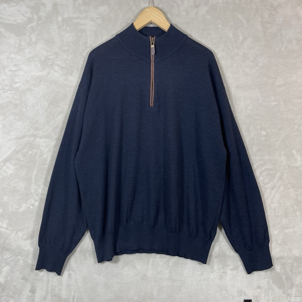 Orvis Men's XXL Navy Blue Merino Wool 1/4 Zip Mock Neck Sweater Knit
